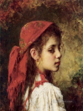 アレクセイ・ハルラモフ Painting - 赤いハンカチを着た少女の肖像 少女の肖像画 アレクセイ・ハラモフ